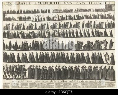 Sepoltura di Federico Enrico, 1647, l'ultimo Lyckplicht di Zyn High Heiteren (oggetto del titolo) la processione funeraria con la bara con il corpo di Federico Enrico in sette file. Allineare Statie ha tenuto il 10 maggio 1647 all'Aia. Tra le prestazioni c'è la chiave numerata con i nomi dei partecipanti alla processione 1-73. Firma in alto a sinistra: Seconda Parte. Fol: 215. Produttore : stampatore: Anonymous place manufacturing: Northern Netherlands Data: 1649 - 1651 caratteristiche Fisiche: Acquaforte materiale: Tecnica della carta: Acquaforte dimensioni: Foglio: H 398 mm × W 515 mmToelichtingGebruikt come illustrazione Foto Stock