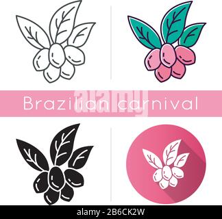 Set di icone jojoba. Stili di colore lineare, nero e RGB. Frutti con foglie. Botanica. Pianta esotica brasiliana. Frutto del miracolo. Сosmetic produzione di olio Illustrazione Vettoriale