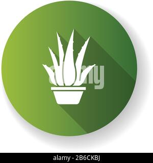 Houseplant verde piatto design lungo ombra glifo icona. Aloe vera in vaso. Cactus germogli e foglie succulente. Coltivazione di erbe medicinali. Pianta decorativa Illustrazione Vettoriale
