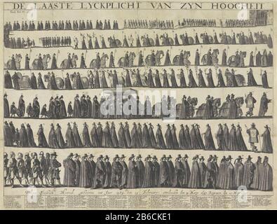 Processione funeraria di Federico Enrico, Principe d'Orange, 1647 ultimo lickplicht di Zyn High Heit (oggetto del titolo) Processione funeraria di Federico Enrico all'Aia il 10 maggio 1647. Nel margine inferiore è riportato un elenco esplicativo dei numeri. Parte superiore sinistra "seconda Parte. Fol: 215'. Produttore : stampatore: Anonimo luogo fabbricazione: Olanda Data: 1647 - 1649 caratteristiche Fisiche: Materiale di incisione: Tecnica della carta: Incisione dimensioni: Foglio: H 401 mm × W 531 mm Oggetto: Cortege, corteo funerario di Enrico Federico Quando: 1647-05-10 - 1647-05-10 Foto Stock