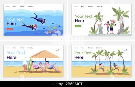 Indonesia turismo landing page vettore modello. Immersioni. Foresta delle scimmie. Spiaggia di Bali. Swing resort. Interfaccia web idea con illustrazioni piatte Illustrazione Vettoriale