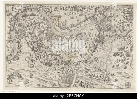 Assedio e cattura di grave da Maurice, 1602 Assedio e cattura della città grave da parte dell'esercito degli Stati sotto il principe Maurice, 18 luglio - 20 settembre 1602 piano della città grave nel paese vicino alla cima del fiume. I campi degli assediatori. Senza la leggenda sotto la voce. Produttore : Printmaker: Bartholomeus Willemsz. Dolendo (attribuito a) Luogo di fabbricazione: Nord Paesi Bassi datazione: 1602-1610 e / o 1619 Caratteristiche Fisiche: Engra con testo materiale di stampa: Carta Tecnica: Engra (processo di stampa) / formati di stampa: Bordo della lastra: H 225 mm × W 338 mmToelichtingGeb Foto Stock