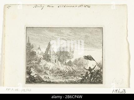Assedio di Alkmaar, 1573 Presentazione di storming le mura della città durante l'assedio di Alkmaar da parte degli spagnoli, 1573. Produttore : stampatore Simon Fokke Luogo fabbricazione: Paesi Bassi del Nord Data: 1782 - 1784 caratteristiche Fisiche: Materiale di incisione: Tecnica della carta: Dimensioni di incisione: Bordo della lastra: H 81 mm (taglio inferiore, stampato da una lastra più grande Dove: Erano prestazioni multiple) b × 105 mmToelichtingGebruikt come illustrazione in: JW in Water, il paese natale della storia del Signore J. Wagenaar, abbreviato, e leerzaame con commenti, al servizio della gioventù olandese, 1784-1800, 4 delen.Niet in p. Foto Stock