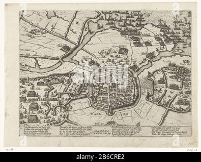 Assedio di Haarlem, 1572 Serie 6 Eventi olandesi, 1571-1576 (titolo della serie) Mappa della città di Haarlem e la zona circostante con i cuscinetti delle truppe spagnole assediante Don Frederick. Sopra le navi Alva e il Principe di Orange nell'acqua di Haarlemmermeer. L'assedio iniziò l'11 dicembre 1572. Con firma di 16 linee in tedesco. Numerato 10. Produttore : stampatore Francese High Shed prodotto: Colonia Data: 1572 - 1574 caratteristiche Fisiche: Materiale di incisione: Tecnica della carta: Incisione dimensioni: Bordo della lastra: H 221 mm × W 301 mm Oggetto: Guerra d'assedio di Haarlem Quando: 1572-12 - 1572-1 Foto Stock