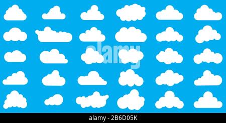 Set di icone cloud. Varie forme di nuvole. Illustrazione del vettore. Nuvole bianche su sfondo blu Illustrazione Vettoriale