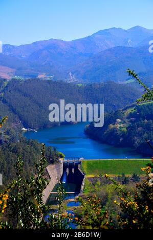 Bacino idrico con diga di centrale idroelettrica nel mezzo della foresta e vicino alle montagne. Foto Stock
