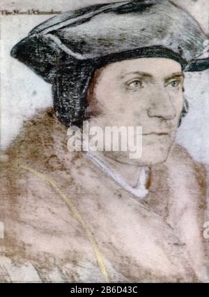 Sir Thomas More (1478-1535) c1526-7. Di Hans Holbein the Younger (1497/8-1543). Sir Thomas More (1478-1535), venerato nella Chiesa Cattolica come San Tommaso More, è stato un avvocato inglese, filosofo sociale, autore, statista e umanista rinascimentale. Fu anche Cancelliere di Enrico VIII e Lord Alto Cancelliere d'Inghilterra dall'ottobre 1529 al maggio 1532. Foto Stock