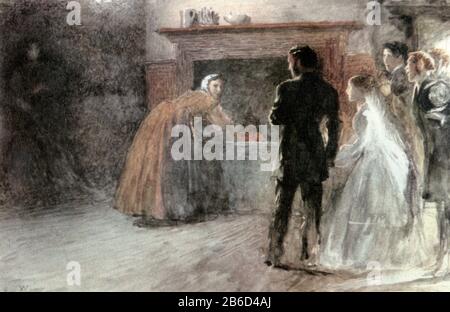 Jane Eyre e Edward Rochester sono incontrate dalla signora Fairfax quando arrivano a Thornfield Hall per visitare la donna pazza dopo la loro cerimonia di matrimonio interrotta. 19th ° secolo. Di Frederick Walker (1840-1875). Illustrazione a Jane Eyre di Charlotte Bronte. Jane Eyre (in origine Jane Eyre: An Autobiography) è un romanzo della scrittrice inglese Charlotte Brontë, pubblicato con il nome di penna Currer Bell, 16th ottobre 1847, da Smith, Elder & Co. Di Londra. Foto Stock