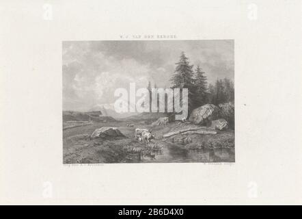 Paesaggio di montagna con mucche Alcune mucche in acqua in un berglandschap. Produttore : stampatore Willem Steelink ( i) (edificio elencato), progettato da Willem Jan van den Berghe (edificio elencato) editore: Arie Cornelis Kruseman (proprietà elencata) Fabbricazione Del Luogo: Haarlem datazione: 1857 caratteristiche Fisiche: Acciaio engra e materiale di attacco: Carta Tecnica: Acciaio engra / dimensioni attacco: Bordo della piastra: H 120 mm × W 190 mmToelichtingIllustratie per: Aurora. Annuario per 1857. Haarlem: Arie Cornelis Kruseman, 1857. Oggetto: Falci di montagna Foto Stock