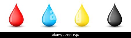 Set di gocce di liquidi diversi. Gocce di sangue, acqua, olio, petrolio. Illustrazione del vettore. Illustrazione Vettoriale