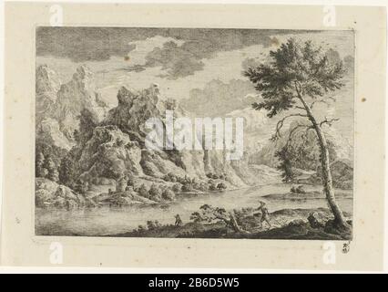 Paesaggio di montagna con il fiume In Basso a destra numerato 3. Produttore : stampatore: Monogramma MEGPlats prodotto: Germania Data: 1700 - 1730 caratteristiche Fisiche: Acquaforte materiale: Tecnica della carta: Acquaforte dimensioni: Foglio: H 201 mm × W 291 mmplaatand: H 169 mm × W 247 mm Oggetto: Paesaggi nella zona temperata fiume Foto Stock