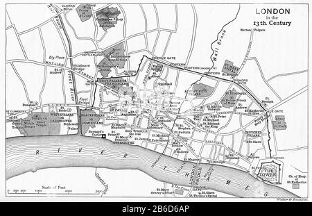 Una mappa di Londra nel 13 ° secolo. Nel Medioevo, Westminster era una piccola città sul fiume dalla City di Londra. Dal XIII secolo Londra crebbe in due parti diverse. Westminster divenne la capitale reale e il centro del governo, mentre la City di Londra divenne il centro del commercio e del commercio, una distinzione che è ancora evidente a oggi. Foto Stock