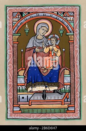 Prefazione in miniatura della Vergine col Bambino, c1200. British Library shelfmark: Royal 2 A. XXII, F.13v. Il Saltero di Westminster è un saltero inglese illuminato. È il più antico saltero sopravvissuto utilizzato presso l'abbazia di Westminster, e si presume abbia lasciato Westminster dopo lo scioglimento dei monasteri. Foto Stock