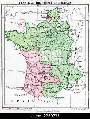 Una mappa che mostra la Francia al momento del trattato di Bretigny. Il Trattato di Brétigny era un trattato, redatto l'8 maggio 1360 e ratificato il 24 ottobre 1360, tra il Re Edoardo III d'Inghilterra e il Re Giovanni II di Francia. A posteriori, si vede come aver segnato la fine della prima fase della guerra dei cent'anni. Fu firmato a Brétigny e successivamente ratificato come trattato di Calais il 24 ottobre 1360. Foto Stock