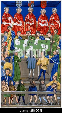 Corte di Bench King's, c1460. Creato alla fine del 12th all'inizio del 13th secolo la Corte di Bench del re (o Corte di Bench della regina durante il regno di un monarca femminile), formalmente conosciuto come la corte del re davanti al re stesso, era una corte inglese di diritto comune nel sistema legale inglese. Questo manoscritto illuminato c1460 è la prima rappresentazione conosciuta della corte inglese. Foto Stock
