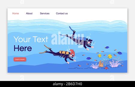 Scuba diving landing page template vettoriale. Coppia nuoto sott'acqua. Indonesia turismo sito web interfaccia idea con illustrazioni piatte. Homepage Illustrazione Vettoriale