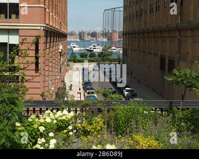 Auto parcheggiate su una strada, High Line Park, 16th Street, 11th Avenue, Manhattan, New York City, New York state, USA Foto Stock