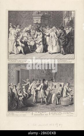 Foglia con due spettacoli di pratiche ebraiche intorno alla nascita. Sopra: Un ragazzo di otto giorni sarà circonciso. La circoncisione viene eseguita dal mohel che è inginocchiato per il neonato. Attorno agli spettatori sullo sfondo, in un'area diversa della madre di ​​the figlio. Sotto: Il rilascio di terugkoping del figlio primogenito. Un discendente di Aaronne tiene il figlio neonato sul braccio. Secondo l'uso ebraico i suoi primogeniti figli devoti a Dio e destinati al sacerdozio. Il padre offre all'uomo una ciotola di monete per riscattare suo figlio eresia. Seduto su una sedia con la madre del bambino. Tra l'imag Foto Stock