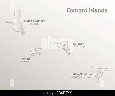 Comoro isole e nomi città, carta carta carta 3D vettore naturale Illustrazione Vettoriale