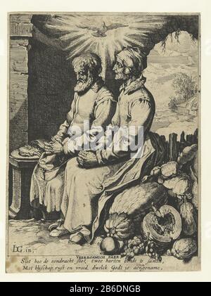 Oryerfully vecchia coppia Vreedsamich paer (oggetto del titolo) vecchio uomo e vecchia donna seduta accanto a vicenda con le mani piegate. Lo Spirito Santo sotto forma di colomba sopra la testa. Accanto a loro frutta a terra. Tra gli show un gedicht olandese a due linee. Produttore : stampatore Jacob de Gheyn (III) Designed by Jacob the Gheyn (II) (edificio elencato) Luogo di produzione: Paesi Bassi Data: 1616 - 1620 caratteristiche Fisiche: Materiale di incisione: Tecnica della carta: Incisione dimensioni: Foglio: H 203 mm × W 153 mm Oggetto (privato) preghiera; 'Oratione '' Proghiere '' Proghiere a Dio '(Ripa) mani con dita fo Foto Stock