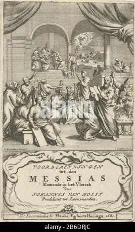 Incontro delle figure dell'OT pagina del titolo per J van Holst, Voorbereydingen al Cristo, venuta nella carne, 1680 Mosè, Aaronne, Davide, e altre figure dell'Antico Testamento si sono riuniti in una stanza e puntano a due baie sullo sfondo Dove: nella proclamazione ai pastori e nella presentazione nel tempio sono a gebeeld. Produttore : printmaker Jan Luyken (listed property) Designed by: Richard Brakenburgh (listed building) publisher: Hauke ​​Egberts Heringastate (listed property) Luogo manufacturing: Printmaker: Amsterdam Editore: Leeuwarden Data: 1680 caratteristiche Fisiche: Acquaforte materiale: Carta T. Foto Stock