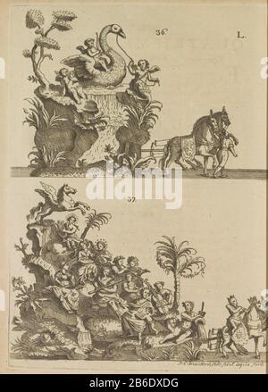 Foglia L XIX galleggia, 1767 foglia L con il diciannovesimo galleggiamento e il diciassettesimo animale. Diciannovesimo galleggia con Apollo e le nove Muse sul Monte Parnaasso. XVII animale: Swan. Contrassegnato: L / 36-37. Parte della processione durante la celebrazione del 30 maggio 1767 il 700th anniversario di San Macario, patrono della città di Gand e patrono contro i parassiti. Produttore : stampatore: Lieven Wouters (proprietà in elenco) Luogo di produzione: Ghent Data: 1767 caratteristiche Fisiche: Acquaforte e engra materiale: Carta Tecnica: Acquaforte / engra (processo di stampa) Misure: Bordo della lastra: H 244 mm × W 180 Foto Stock