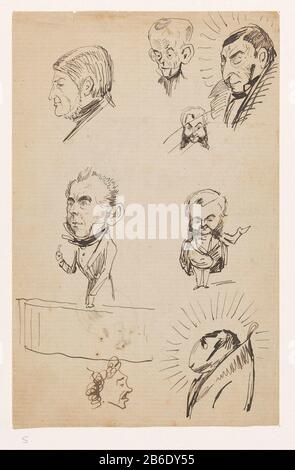 Caricature fogli foglie con caricature di uomini diversi, Dove: Apparentemente parlamentari e ministri. Studi preliminari per vignette politiche nell'Uilenspiegel. Produttore : artista Johan Michael Schmidt Crans Luogo produzione: Paesi Bassi Data: 1875 - 1895 caratteristiche Fisiche: Penna in materiale marrone: Inchiostro carta Tecnica: Penna dimensioni: H 212 mm × W 136 mm Oggetto: Persone storiche non note per nome quando: 1875 - 1895 Foto Stock