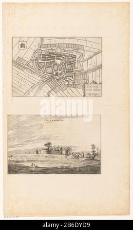 Foglio mappa Oudewater e Face lock Oudewater Woerden 't slot in Woerden (oggetto del titolo) Boven een plattegrond van Oudewater in vogelvluchtperspectief. Linksboven op plattegrond het wapen van Oudewater. Rechtsonder op plattegrond een cartouche met de titel, een legenda 1-6 en een schaalstok: 480 pedes geometrici. Onder een gezicht op slot Woerden, ook wel Kasteel van Woerden genoemd. Op vero Latijnse tekst. Produttore : Pentmaker: Anoniemuitgever: Johannes Willemszoon BleuPlaats fabbricante: Amsterdam datazione: 1632 it/of 1652 kenmerken Fisico: ETS en gravure; met tekst in boekdruk op verso; Foto Stock