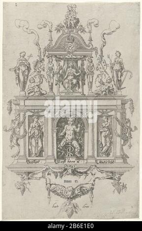 Blazoen della stanza dei Retori di Haarlem Il Blazon di Wijngaertrancken della camera di retorica di Haarlem il Wijngaertrancken. Costruzione su due livelli. Al piano superiore la personificazione centrale dell'Oratorio, seduta su un trono. Su entrambi i lati della personificazione la Sua Fede (sinistra) e La Speranza (destra). Oltre a loro gli stemmi di Haarlem e Olanda. Sopra di lei un canope la personificazione dell'Amore. Al piano inferiore, la personificazione della saggezza e della temperanza. Centrale per il figlio di Cristo. Giù su un lambbskin allungato un rebus (la dolcezza delle uve che raccogliamo e suoniamo musica) . Manu Foto Stock