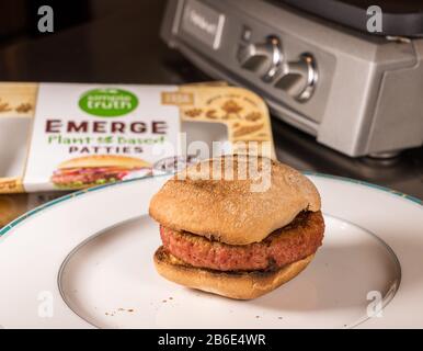 Morgantown, WV - 10 marzo 2020: Polpette senza carne di Kroger's Simple Truth Nascono hamburger a base di piante su un panino senza glutine con formaggio fuso. Foto Stock