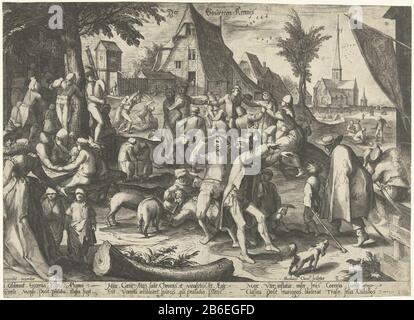 Fiera di der Bowren Boer (oggetto del titolo) Tre contadini ubriachi e danzanti in primo piano. Collegamenti ad alcuni tavoli taverna mangiare e bere persone con un bagpipe giocatore. Il centro posteriore trova invece una danza di agricoltori. Sullo sfondo alcuni agricoltori combattono insieme. Primo piano a sinistra una nobile coppia vestita guarda la festa. Sulla destra lo standard con il Saint-Sebastian, uno dei ben noti schutterscrgildes nei Paesi Bassi. Sullo sfondo un kerk. Produttore : Printmaker: Nicolaes Jansz. Orologio (edificio elencato) stampatore: Hendrick Goltzius (attribuzione rifiutata) progettato da Karel van Man Foto Stock