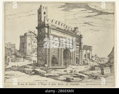 Arco di Severus e Campidoglio l'arco di Settimio, il Tempio di Gioue Stato e Campidoglio (oggetto del titolo) Viste di Roma (titolo della serie) l'arco di Settimio Severo al Foro Romano di Roma. Posteriore sinistro il Capitolijn. Produttore : stampatore Willem van Nieulandt (II) (edificio elencato) editore Cornelis Danckerts (proprietà quotata) Luogo di produzione: Amsterdam Data: 1630 - 1656 caratteristiche Fisiche: Materiale di incisione: Tecnica della carta: Incisione dimensioni: Bordo della piastra: H 214 mm b × 281 mm Oggetto: Archlandscape trionfale con rovine (+ città (-paesaggio) con figure, personale) Dove: Roma Foto Stock