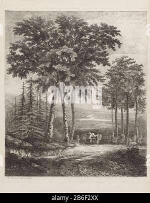 Scena Woodland con uomo e cavallo e carrozza Vista di un paesaggio collinare foresta con un uomo dietro un cavallo e corse in carrozza. Sullo sfondo la valle un rivier. Produttore : printmaker Hermanus Jan Hendrik van Rijkelijkhuysen (proprietà in elenco) Luogo di fabbricazione: Utrecht Data: 1823 - 1883 caratteristiche Fisiche: Acquaforte e cartongesso materiale: Carta Tecnica: Acquaforte / drypoint dimensioni: Bordo della piastra: H 550 mm × W 465 mm Oggetto: Foresta dei cavalli, fiume di legno Foto Stock