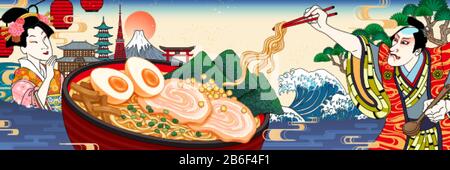 Delizioso tonkotsu ramen broth banner illustrazione in stile ukiyo-e Illustrazione Vettoriale