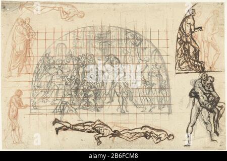 Fire of Troy Fire Troy Property Type: Drawing Object number: RP-T-1958-82 (R) Description: Studio per una composizione a lunetta con il volo in primo piano Arneas, Anchises e Ascanius. Produttore : artista: Andrea Commodi dating 1590 - 1638 caratteristiche Fisiche: Mettere su finestre in gesso rosso; penna in marrone, materiale carboncino: Carta gesso carbone tecnologia: Penna / kwadraatnetvergrouting dimensioni: H 217 mm × W 332 mmToelichtingVoorstudie per affresco (?) su fuoco, ablaze'Pio Aeneas': Enea, che conduce Ascanio, sfugge dal bruciare Troia, portando suo padre Anchises con i Penati; hi Foto Stock