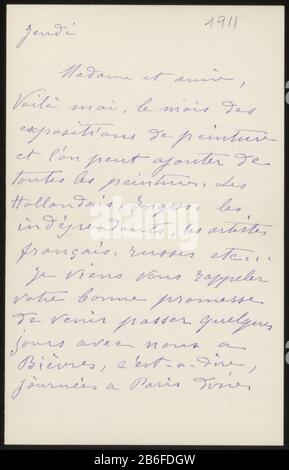 Lettera a Anne Marie Louise van der Linden Brief behoort tot een album samengesteld door weduwe Françoise W.M. Barones van der Borch van Verwolde met afschriften van brieven met betrekking tot (de familie van) Odilon Redon. De breve werd be Foto Stock