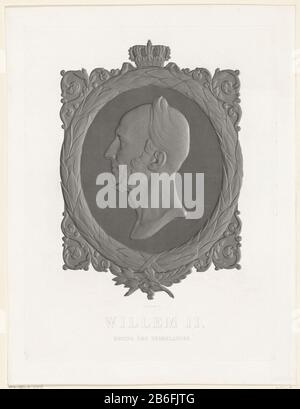Busto di Guglielmo II, re dei Paesi Bassi Busto di Guglielmo II di Luigi Royer in un ornamento ovale lauwerbladen. Al centro sopra di una corona. Nel margine inferiore il suo nome e titel. Produttore : stampatore Jan Dam Steuerwald (edificio elencato) per visualizzare: Louis Royer Place produzione: Den Haag Data: 1840 - 1869 caratteristiche Fisiche: Acciaio engra materiale: Carta Tecnica: Acciaio engra dimensioni: Bordo della piastra: H 475 mm × W 356 mmToelichtingDe qui il titolo qui elencato si riferisce al titolo più alto ottenuto del soggetto, non necessariamente il titolo che la persona ritratta su questa mostra draagt. Oggetto: Pezzo di scul Foto Stock