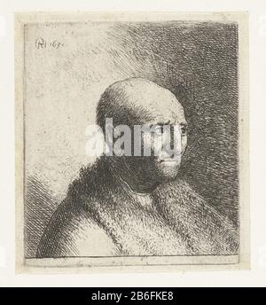 Busto di un uomo calvo con pelliccia un uomo con una testa calva e una giacca con un bontkraag. Produttore : stampatore Rembrandt van Rijn (edificio elencato) nel suo disegno: Rembrandt van Rijn stampa autore: Jan Georg van Vliet (attribuito a) luogo fabbricazione: Paesi Bassi Data: 1628 - 1631 caratteristiche Fisiche: Materiale di incisione: Tecnica della carta: Dimensioni di incisione: Bordo della piastra: H 66 mm × W 58 mm Oggetto: uomini adulti calvizie (+ tre quarti di vista) Foto Stock