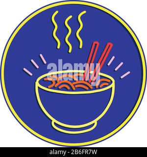 Illustrazione in stile retrò che mostra una luce di segnalazione al neon 1990s illuminazione di una ciotola di noodle caldo con bacchette impostate in cerchio su sfondo blu. Illustrazione Vettoriale