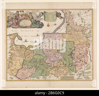 Cartografia nei Paesi Bassi mappa della Prussia Mappa della Prussia, aree colorate. L. B .: Iscrizione circondata da figure allegoriche. M. B. la leggenda è tenuta da due putti, ci è appena sotto una rosa della bussola. Navi in mare, montagne, alberi ed edifici iscritti. Scala in tedesco e polacco miglia. Bordo giallo. (1: 700.000). Iscrizioni; L. B .: MAGNAE / PRUSSIAE / Ducatus / TABULA. Firmato; L. B .: A / NICOLAUM VISSCHER Amst: BAT Manufacture Creator: Cartographer: Nicolaes Visscher (i) Luogo di produzione: Amsterdam Data: 1650 - 1700 Materiale: Tecnica della carta: Engra (processo di stampa) / color Dime Foto Stock