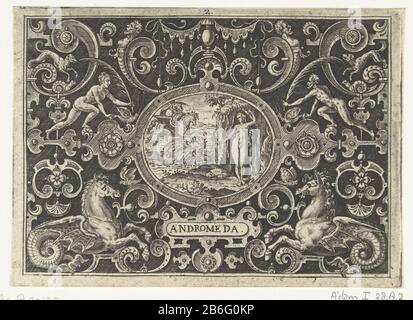 Cartouche Perseus libera Andromeda ANDROMEDA (oggetto del titolo) Cartouche con Perseus che sedette sul cavallo Pegasus, combattendo il mostro marino. Andromeda destra incatenato alla roccia. Cartouche ovale in cornice di figure e marinai contro hatched achtergrond. Produttore : stampatore: Abraham de Bruyn a disegno proprio da: Abraham de Bruyn Editore: Joos The Bosscher Luogo fabbricazione: I Paesi Bassi (possibile) Data: 1584 Materiale: Carta Tecnica: Engra (processo di stampa) dimensioni: Bordo della lastra : h 89 mm × W 125 mm Oggetto: Perseus uccide il mostro marino (o lo trasforma in pietra mostrando Foto Stock