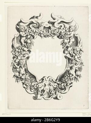 Cartouche con ornamento lobo con due e quattro putti angeli Veelderhande Niewe Comp Arte mente (titolo serie) Decorato con una garland di fiori e frutta. La parte superiore e la parte inferiore di un masker. Produttore : produttore di stampe: Michiel Mosijnnaar design: Gerbrand van den Eeckhout Editore: Clement de Jongh Produzione Luogo: Amsterdam Data: 1640 - 1655 Materiale: Carta Tecnica: Engra (processo di stampa) / dimensioni attacco: Bordo lastra: H 239 mm × W 190 mm Foto Stock