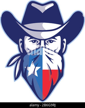 Mascot icona illustrazione di testa di Texan bandito, fuorilegge o highwayman indossando cappello e bandana cowboy, kerchief o bandanna con Texas Lone Star bandiera Illustrazione Vettoriale