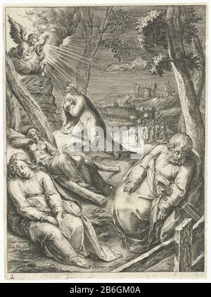Cristo nel Giardino del Getsemani Passione di Cristo (seriettel) Cristo che prega sul Monte degli Ulivi e un angelo gli appare. I discepoli che lo guardavano si sono addormentati. Sullo sfondo stanno già vedendo i soldati di imprigionare Cristo e andare in montagna dalla città. Stampa da una serie di 13 immagini, e un titolo di stampa prodotto da Z. e J. Dolendo il Gheyn II. Produttore : stampatore: Zacharias Dolendo (indicato sull'oggetto) ad un disegno da: Karel van Mander (indicato sull'oggetto) editore: Jacob il Gheyn (II) (indicato sull'oggetto) Fabbricazione Del Luogo: Leiden Foto Stock