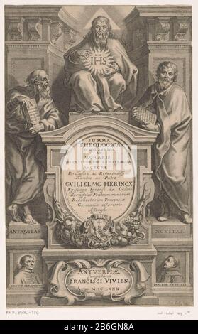 Cristo antiquitas e Novitas pagina del titolo per Wilhelmus Herincx, Summa Theologica et Moralis scolastica, Anversa 1680 Cristo incoronato su un piedistallo. Punta con la mano su un simbolo IHS che brucia. Su entrambi i lati di lui ci sono due uomini: Antiquitas e Novitas. Entrambi portano libri con versi biblici nelle loro mani. Un cartouche il titolo del libro. In fondo al piedistallo sono presenti due ritratti di francescani lavorati: San Bonaventura a sinistra e a destra Dons John Scotus. Produttore : stampatore Cornelis Galle (i) (edificio elencato) per disegnare Erasmus Quellinus (II) (edificio elencato) editore : Franc Foto Stock