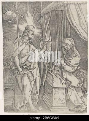 Cristo appare a sua madre il Cristo risorto appare in mano e saluta la madre Maria inginocchiata davanti ad una lanterna zit. Produttore : stampatore: Anonimo da stampare da Albrecht Dürer Data: 1481 - 1578 caratteristiche Fisiche: Materiale per auto: Tecnica della carta: Engra (processo di stampa) dimensioni: Foglio: H 126 mm × W 97 mm Soggetto : Cristo, forse vestito da pellegrino, che appare alla madre, che è mostrato Di Solito pregare Foto Stock