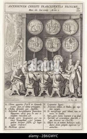 Cristo appare per l'ultima volta agli apostoli Ascensionem Christi Praecedentia Proxime (oggetto del titolo) Cristo appare agli apostoli mentre stanno mangiando. Li accusa della loro incredulità e testardaggine, e dice loro di attraversare il mondo. Nei sei circoli di cui sopra sta immaginando il contenuto del Vangelo. Sullo sfondo si può vedere come Cristo in cielo. In corrispondenza di vari elementi della mostra sono lettere che corrispondono alla legenda nella marge. Produttore : stampatore Antonie Chi: Rix (II) (edificio elencato), disegnato da: Bernardino PasseriPlats prodotto: Anversa Data: 1593 Phisi Foto Stock