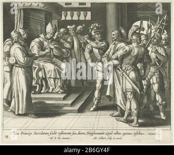 Cristo prima di Caiaphas vita et passio Resvrrettyo Iesv Christi (titolo della serie) vita, passione e resurrezione di Cristo (titolo della serie) Cristo ascoltato dal sommo sacerdote Caiaphas (Matteo 26: 57-68). Un soldato cerca di salvarlo a causa del suo silenzio. La stampa ha una didascalia in latino. La stampa fa parte di una serie sulla vita di Christus. Produttore : printmaker: Adriaen Collaert (listed property) Designed by: Marten de Vos (listed building) editore: Adriaen Collaert (listed property) Luogo produzione: Antwerp Dating 1598 - 1618 Caratteristiche Fisiche: Car material: Paper Technique: Engra (printing Foto Stock