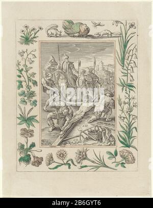Cristo è inchiodato alla croce di Cristo Passione (titolo della serie) Cristo inchiodato alla croce da due uomini. Soldati a cavallo. Lo spettacolo è tenuto in una cornice decorativa decorata con animali e bloemen. Produttore : stampatore Antonie Chi: Rix (II) (edificio elencato), progettato da: Marten de Vos (edificio elencato) editore Claes Jansz. Visscher (II) (edificio elencato) Fabbricazione Di Posti: Stampatore: Anversa Editore: Amsterdam Data: 1582 - 1586 caratteristiche Fisiche: Engra, colorato a mano in rosso e verde materiale: Carta Tecnica: Engra (processo di stampa) / mano colore dimensioni: Piastra Foto Stock