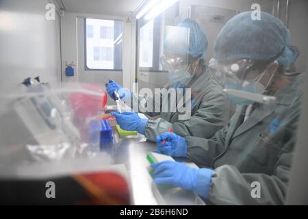 Changsha, La Provincia Cinese Di Hunan. 10th Mar, 2020. I membri del personale lavorano al Weishi Medical Diagnostics, un istituto di test per gli acidi nucleici di terze parti, a Changsha, nella provincia centrale cinese di Hunan, il 10 marzo 2020. Al fine di contribuire a combattere la nuova epidemia di coronavirus, l'istituto testa 2.500 campioni di test di acido nucleico COVID-19 (NAT) in media al giorno. Credito: Xue Yuge/Xinhua/Alamy Live News Foto Stock